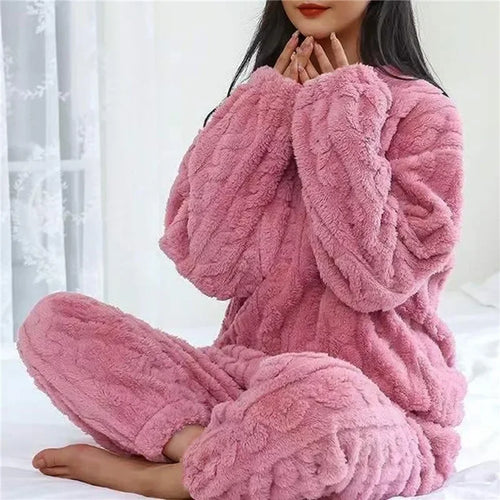 Soft Coral Velvet Jacquard Warm Pajama Set for Women Cozy Loungewear