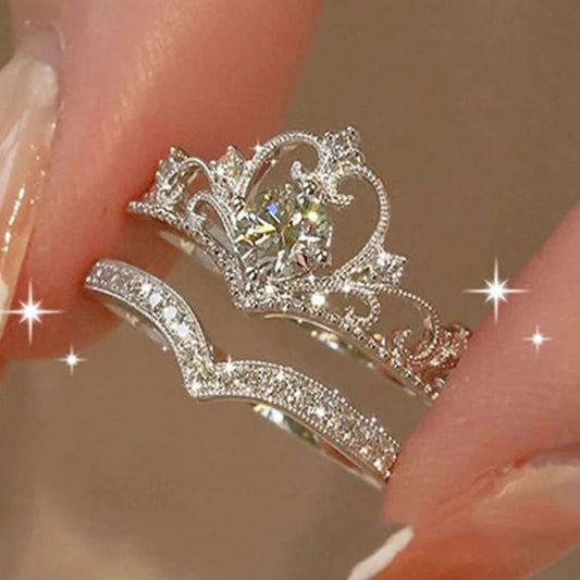 2PCS Fairy Sparkling Crown Rings for Women Teen Crystal Korean