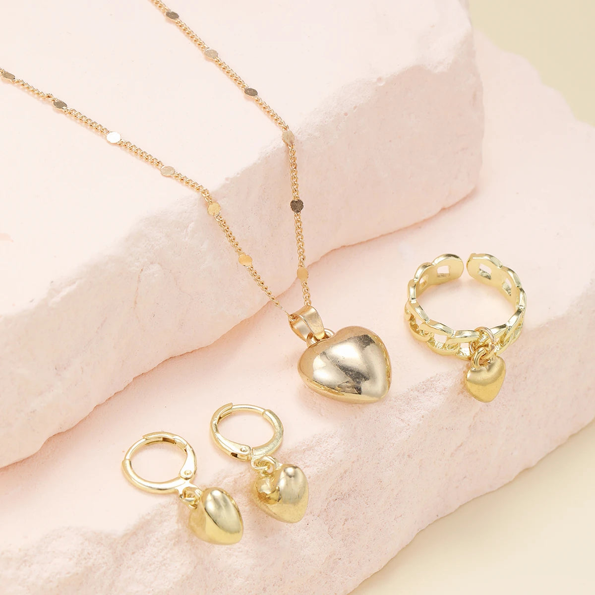 4Pcs/Set Vintage Love Heart Pendant Necklace Ring Hoop Earring for