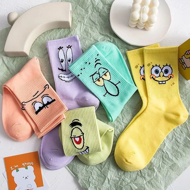 5 Pairs Kawaii SpongeBob Mid-Calf Socks Breathable Cotton Comfortable