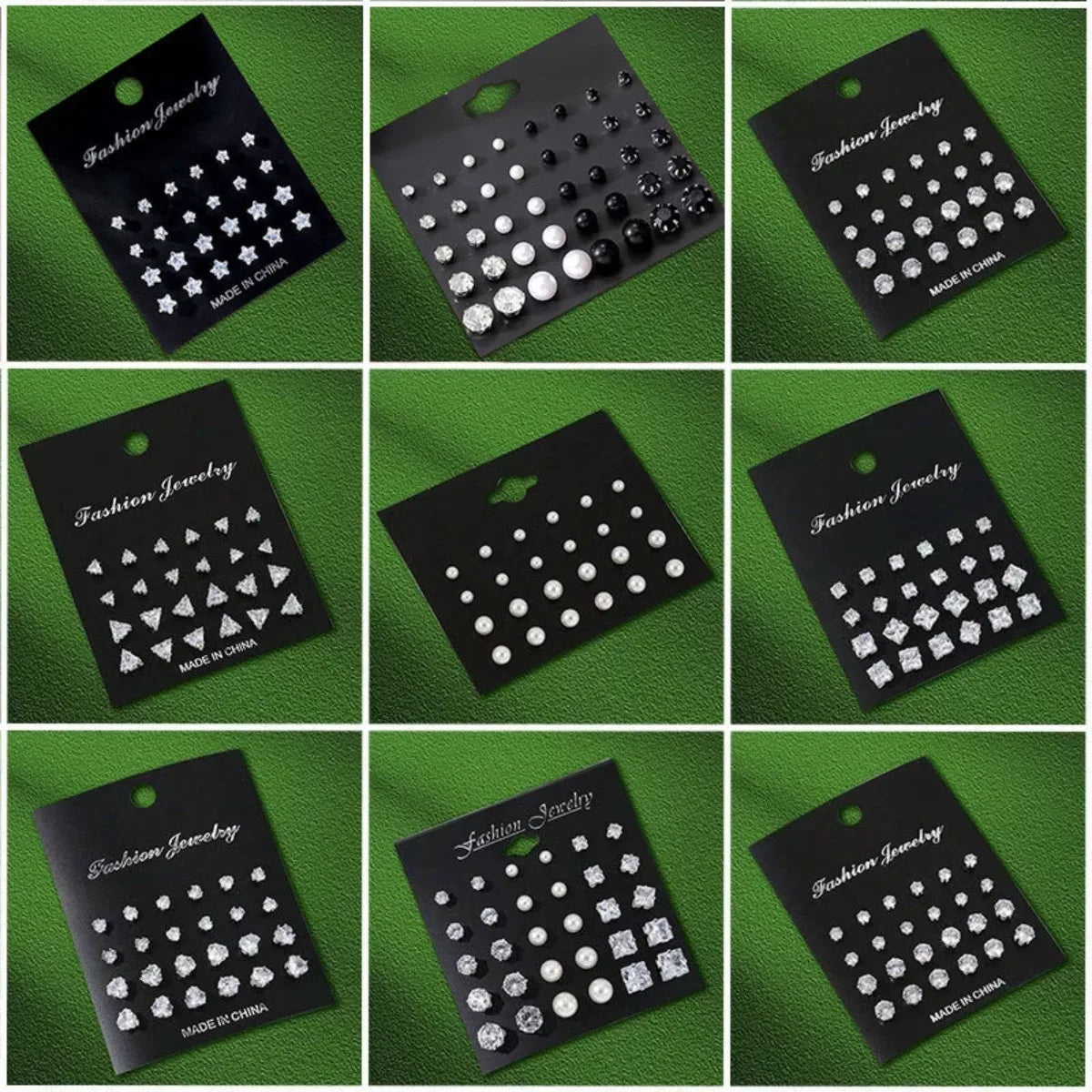 12 Pairs Set Stainless Steel Stud Earrings with Gemstone Buds Round