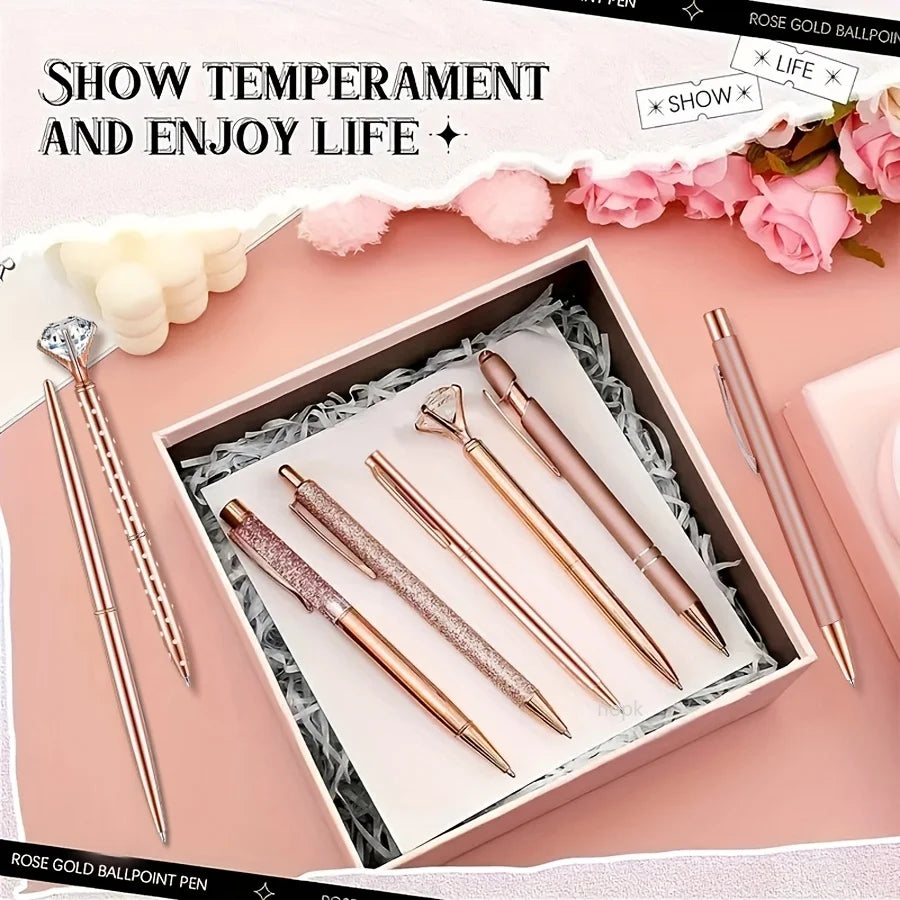 8pcs Rose Golden Ballpoint Pen Set - Stylish Metal Pens with Crystal