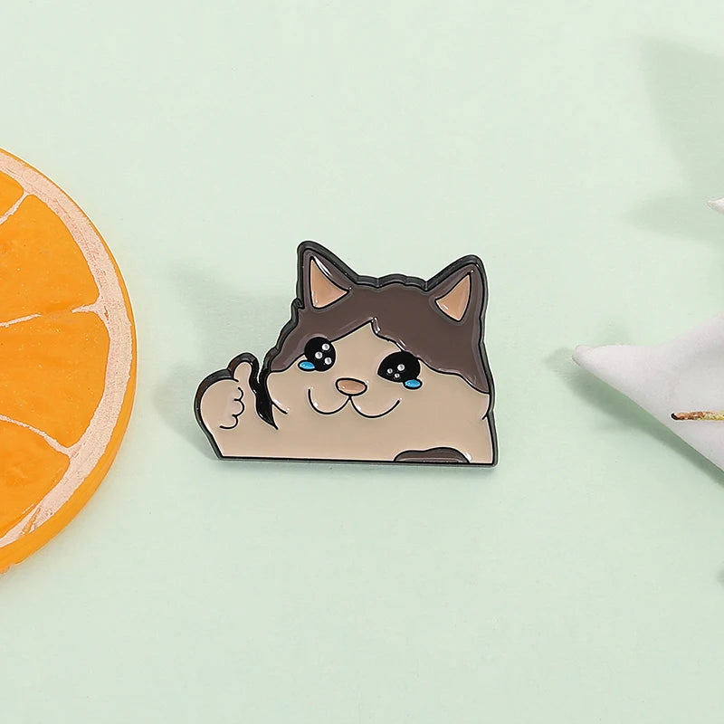 Thumb Up Crying Cat Enamel Pin Kawaii Humorous Animal Brooch Lapel