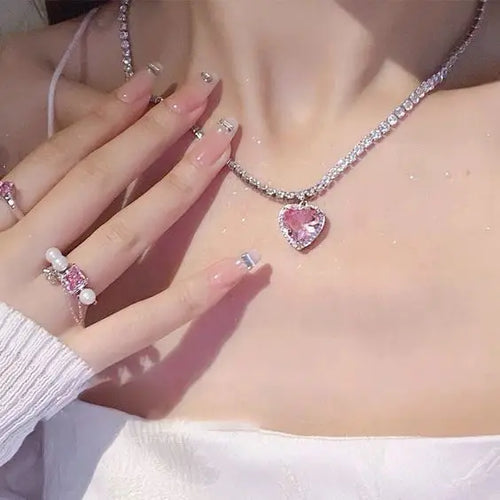 Y2K Purple Crystal Heart Pendant Necklace Women Sweet Cool Girl Punk