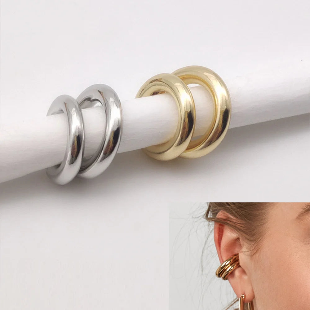 Minimalist Gold Color Round Earrings for Women Earcuff Women No