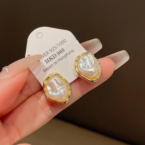Geometric Irregular Round Metal Pearl Earrings for Women Minimalist