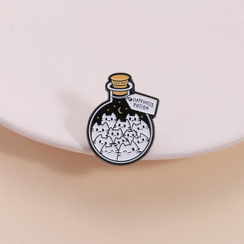 Cartoon Cat Happiness Potion Enamel Pin Cat Enthusiasts Metal Brooch