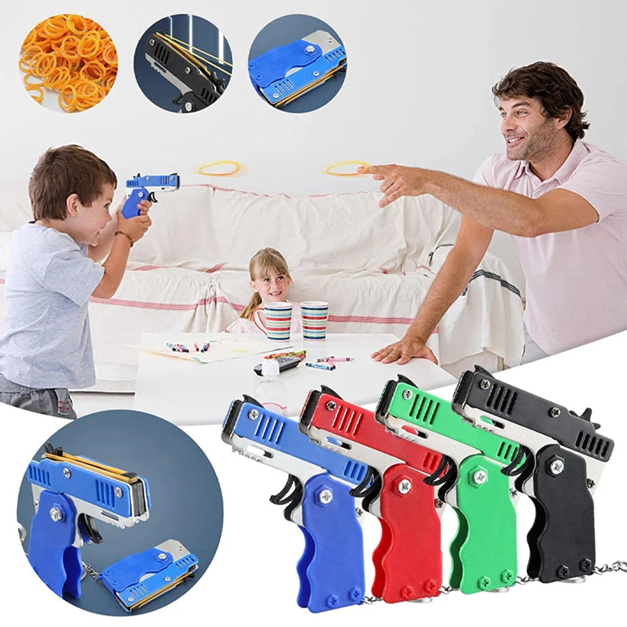 Metal Burst Rubber Band Toy - Mini Folding Launcher Toy With Keychain