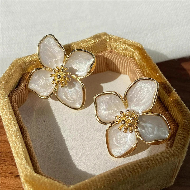 Hibiscus Dropped Glaze Flower Stud Earrings for Women Girl French Ins
