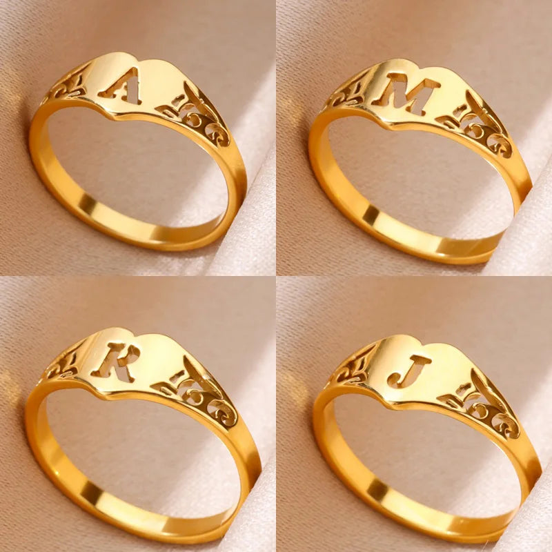 Fashion Hollow Initial Letter Heart Rings For Women Gold Color