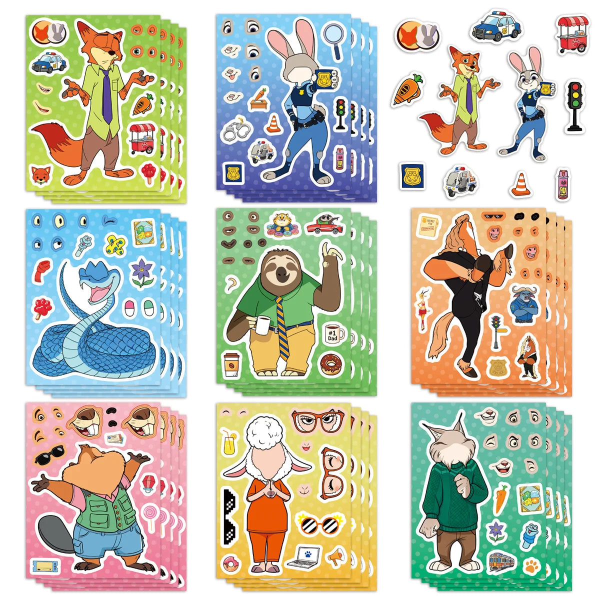 8/16Sheets Make a Face Zootopia 2 Puzzle Cartoon Stickers DIY Ryder