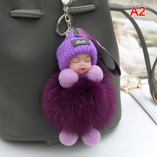 Pompom Sleeping Baby Keychain Cute Fluffy Plush Doll Keyholder Women