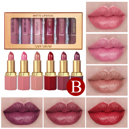 6 Colors Gold Bar Tube Lipstick Matte Texture Pearlescent Glitter