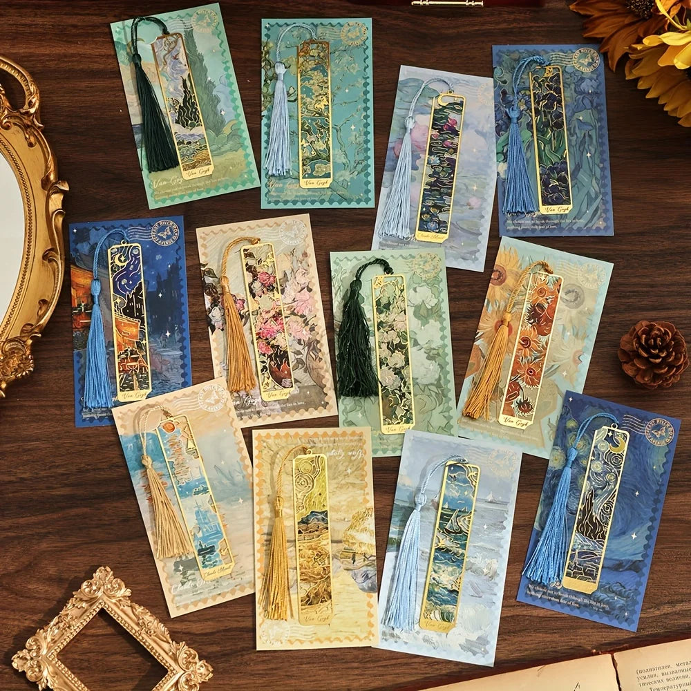 Vintage Oil Painting Metal Bookmarks - Hollow Hot Stamping Long Tassel