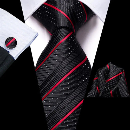 Black Red Striped Silk Wedding Tie For Men Handky Cufflink Gift Men
