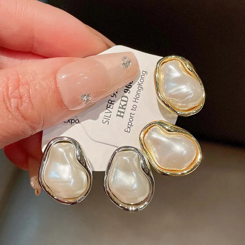 Geometric Irregular Round Metal Pearl Earrings for Women Minimalist