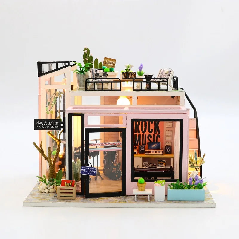 Doll House Kit Wooden Puzzle Assembly Building Model Toys Hourly Light