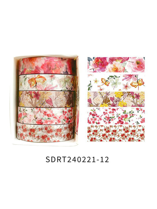 5 rolls of boxed romantic flower handbook tape, cute DIY fresh