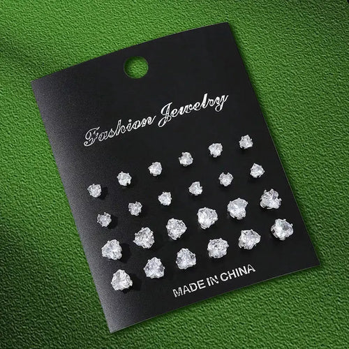 12 Pairs Set Stainless Steel Stud Earrings with Gemstone Buds Round