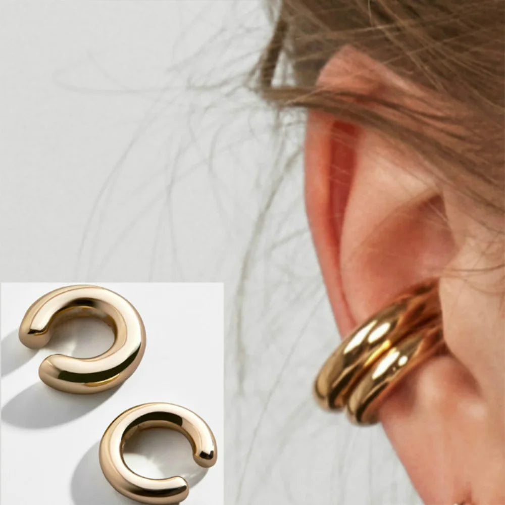 Minimalist Gold Color Round Earrings for Women Earcuff Women No