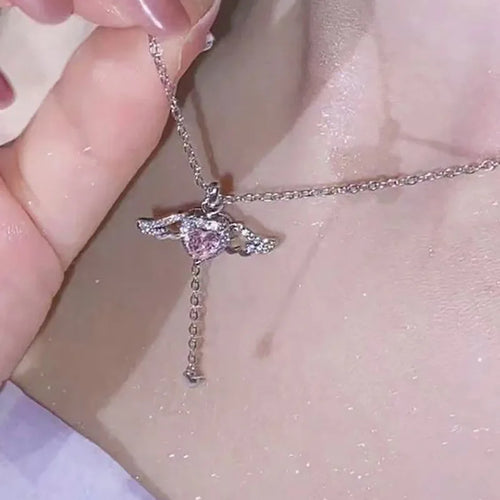 Y2K Purple Crystal Heart Pendant Necklace Women Sweet Cool Girl Punk