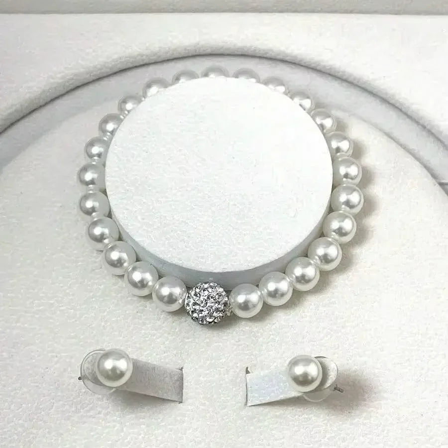 3 PCS Imitation Pearl Fireball Necklace Bracelet Earring Stud Jewelry