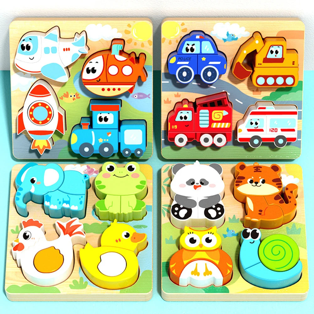 4-in-1 Wooden Toys 3D Wood Puzzle Cartoon Animals Cognitive Jigsaw