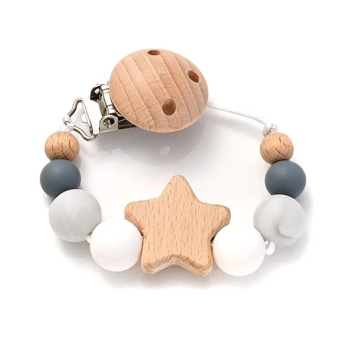 New Baby Pacifier Chain Clips Wood Pentagram Teether Silicone Round
