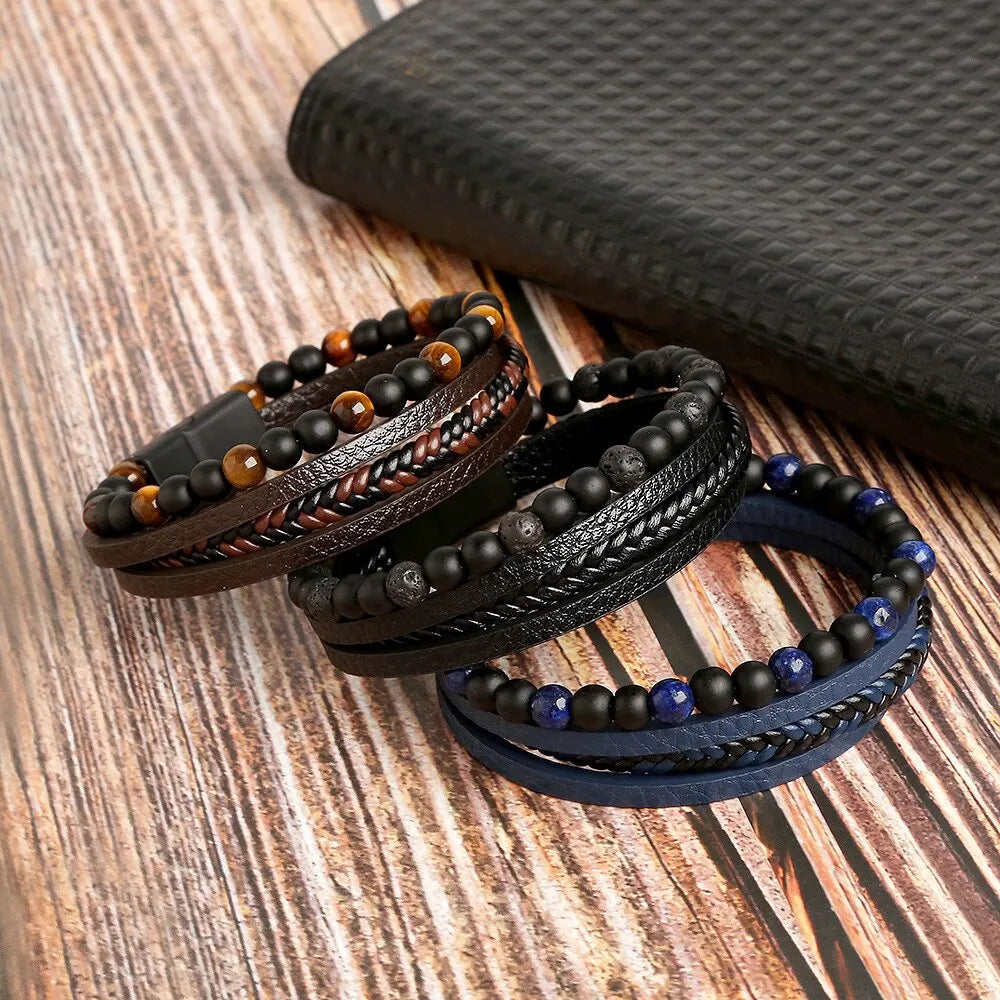 Men Leather Bracelet Classic Fashion Tiger Eye Beaded Multi Layer