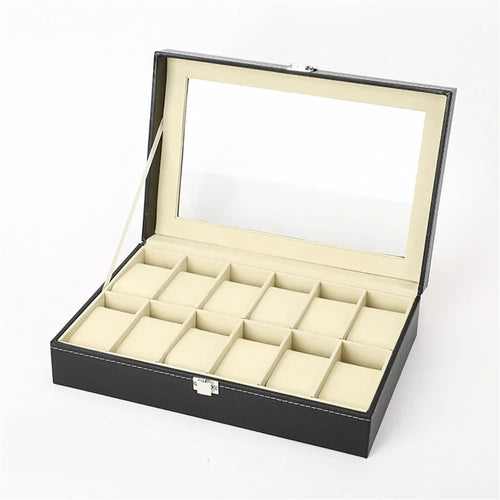 Luxury Watch Organizer Box,Faux Leather, Transparent Lid For Display,