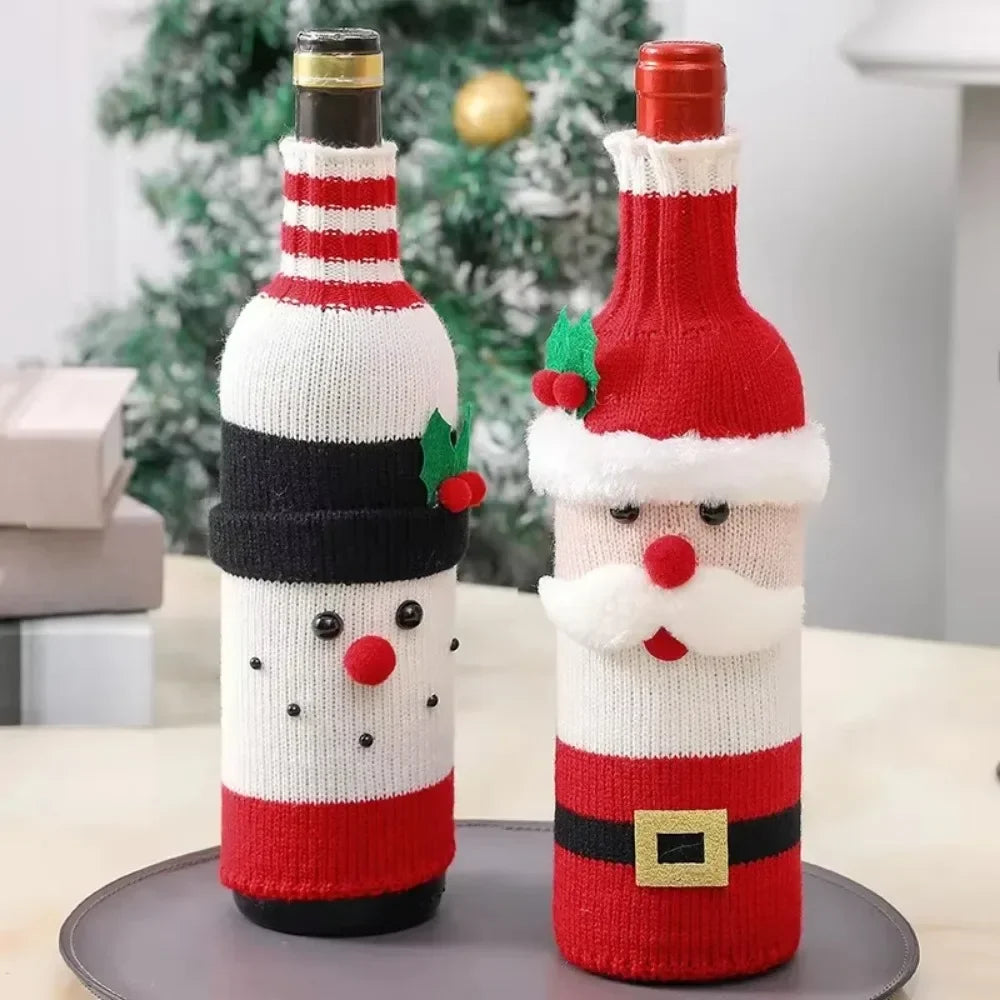 Christmas Wine Bottle Cover Set Santa Snowman Woven Wine Bottle Bags