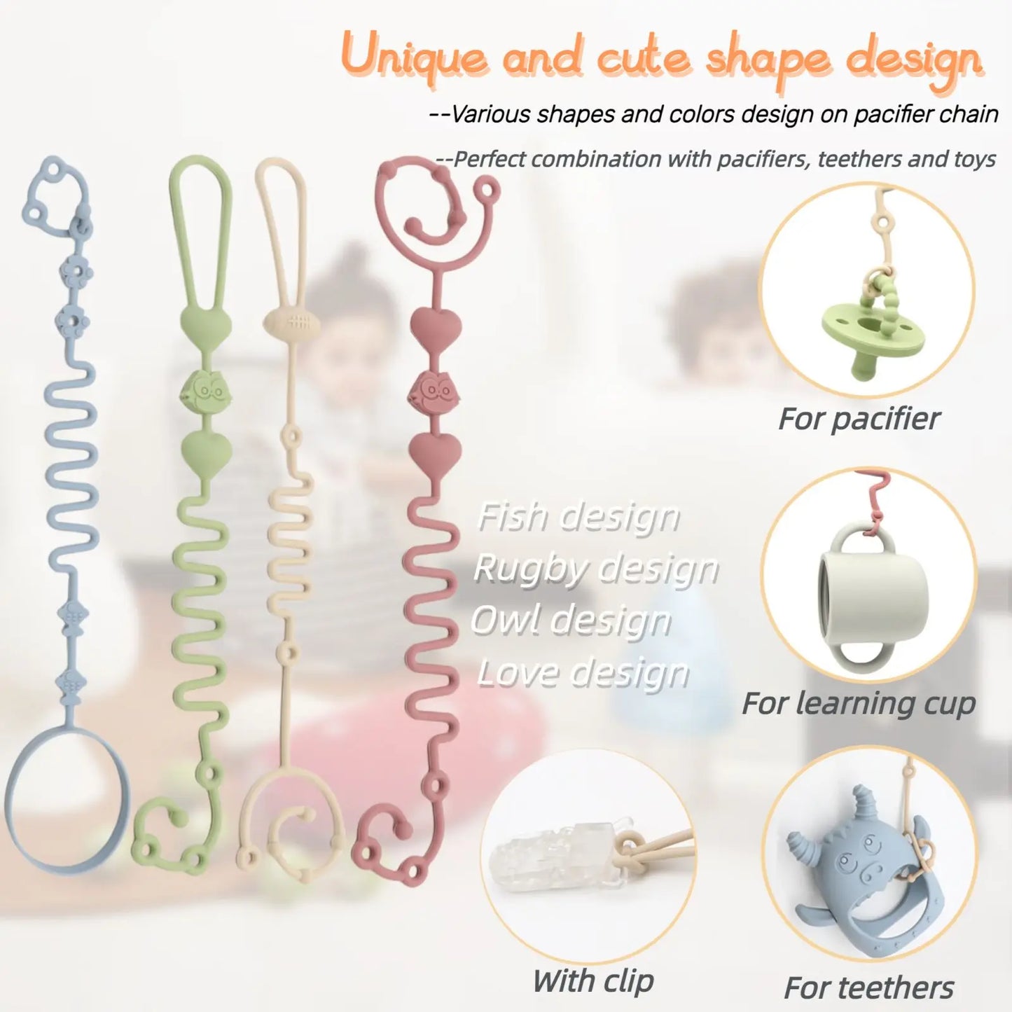 4pcs Adjustable Silicone Pacifier Chain, Teether Toys, Suitable for