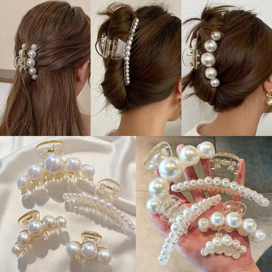 Vintage Pearl Clips Set Large Claw Korean Ponytail Big Barrettes Jaw