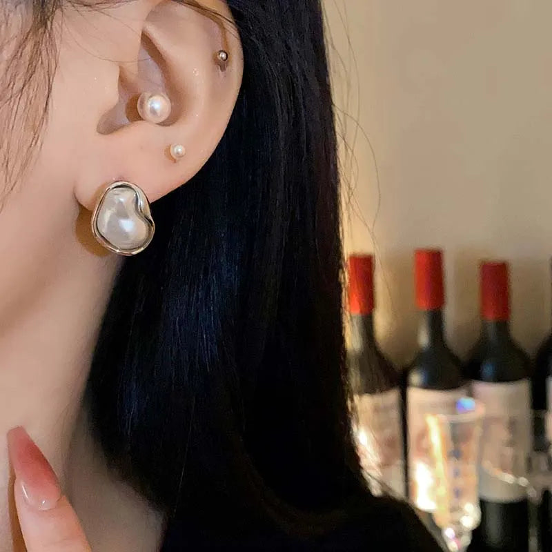 Geometric Irregular Round Metal Pearl Earrings for Women Minimalist
