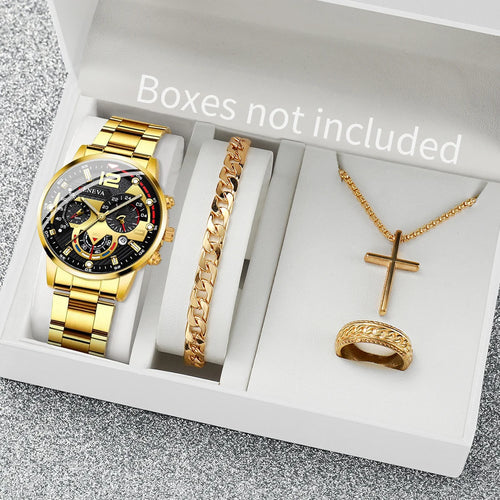 4PCS Men Business Watches Fashion Steel Band Analog Male's Quartz