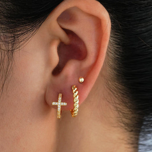 3pcs New Fashion Minimalist Copper Zircon Cross Earrings Set for Women