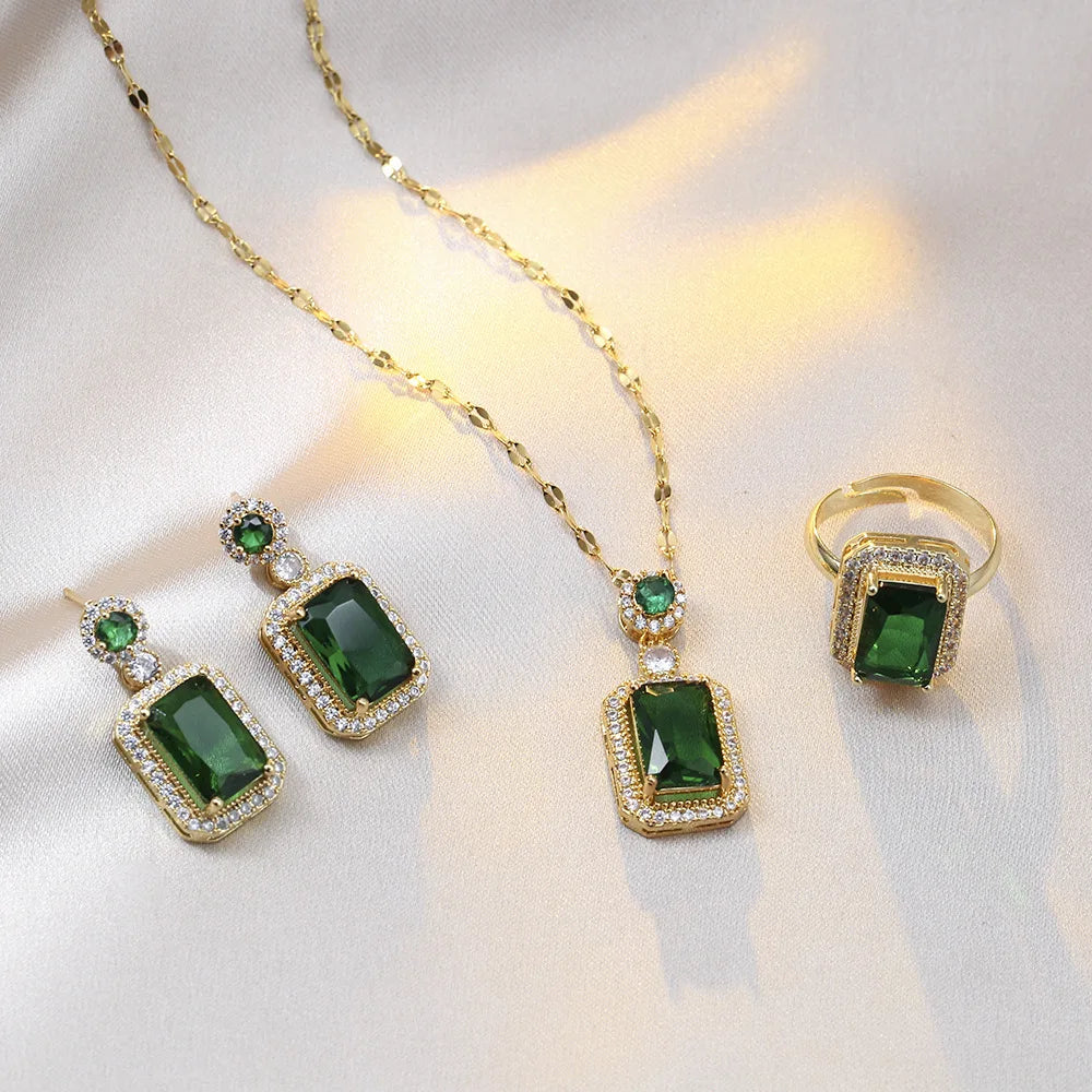4PCS Sets Exquisite Quadrate Rhinestone Necklace Earrings Ring Jewelry
