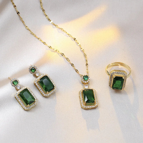 4PCS Sets Exquisite Quadrate Rhinestone Necklace Earrings Ring Jewelry