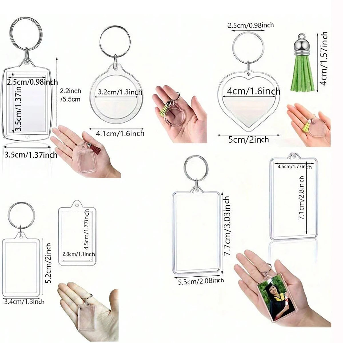 10pcs Transparent Photo Frame Keychain Tassels Snap-In Custom Insert