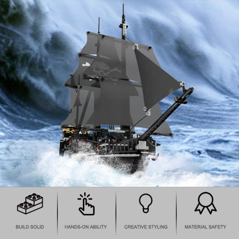 1424PCS Black Pirate Ship Building Blocks Skeleton Ghost Boat Model
