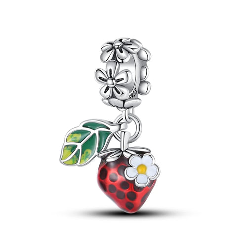New 925 Silver Color Strawberry Cherry Fruit Series Charms Beads Fit