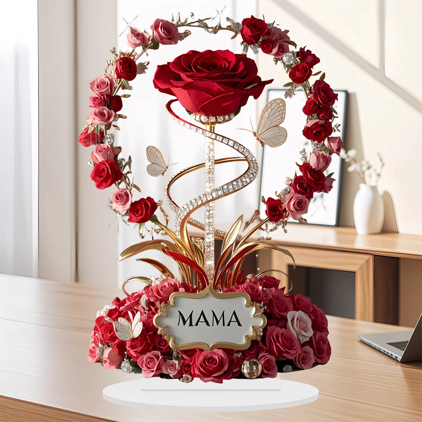 2D Acrylic Ornament Red Rose MOM Pattern Roses Mother Flat Elegant