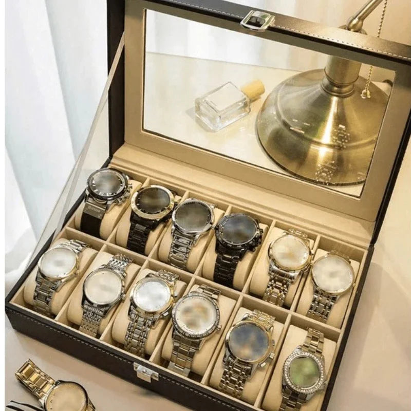 Luxury Watch Organizer Box,Faux Leather, Transparent Lid For Display,