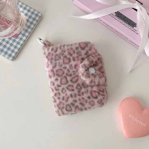 New Fashion Plush Leopard Pattern Snap Card Bag for Girls Mini Storage