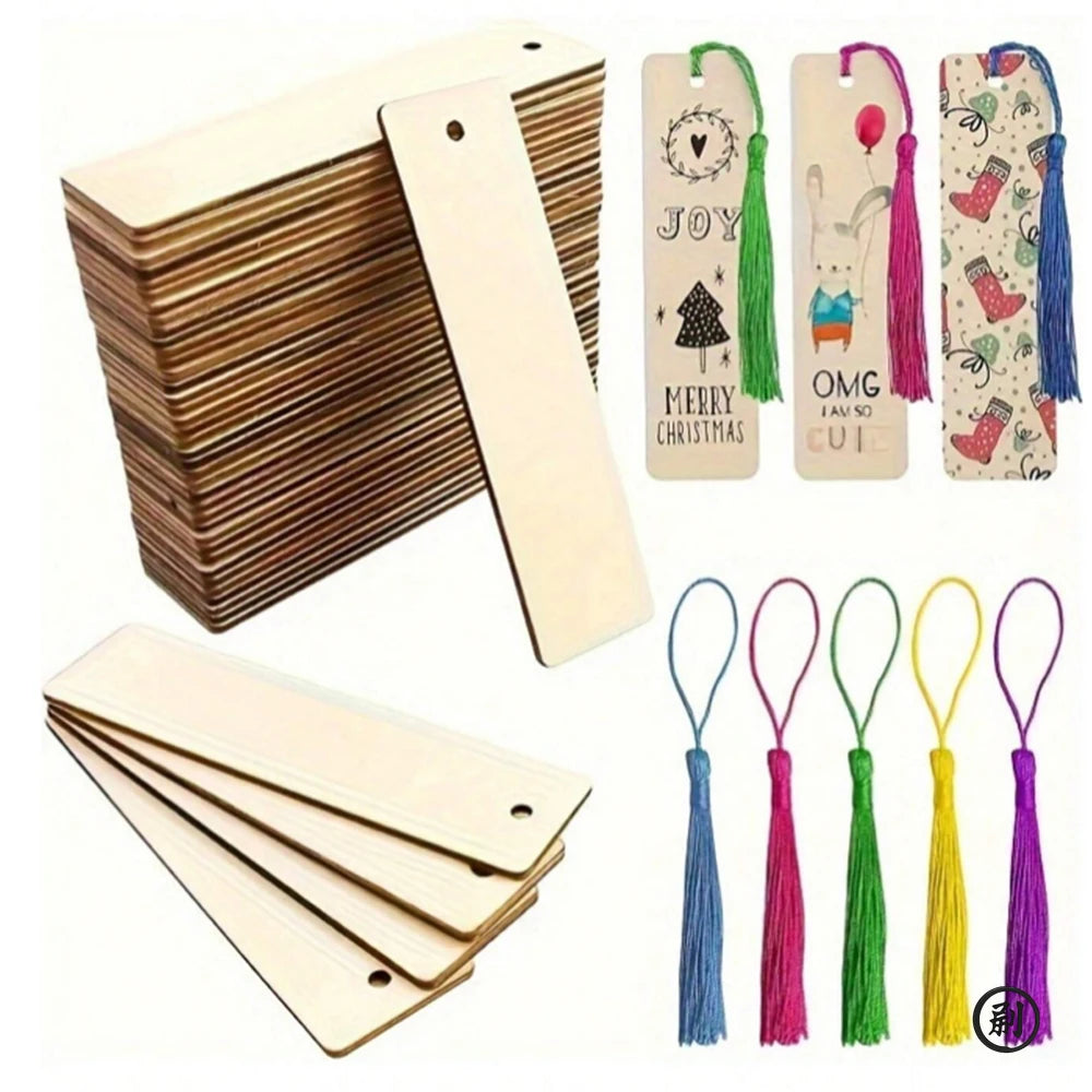 10/30/50/70Pcs Wooden Blank Bookmarks with Tassels Set DIY Wooden