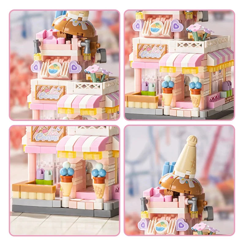 City Street View Building Block Set DIY Ice Cream Coffee Flower Shop