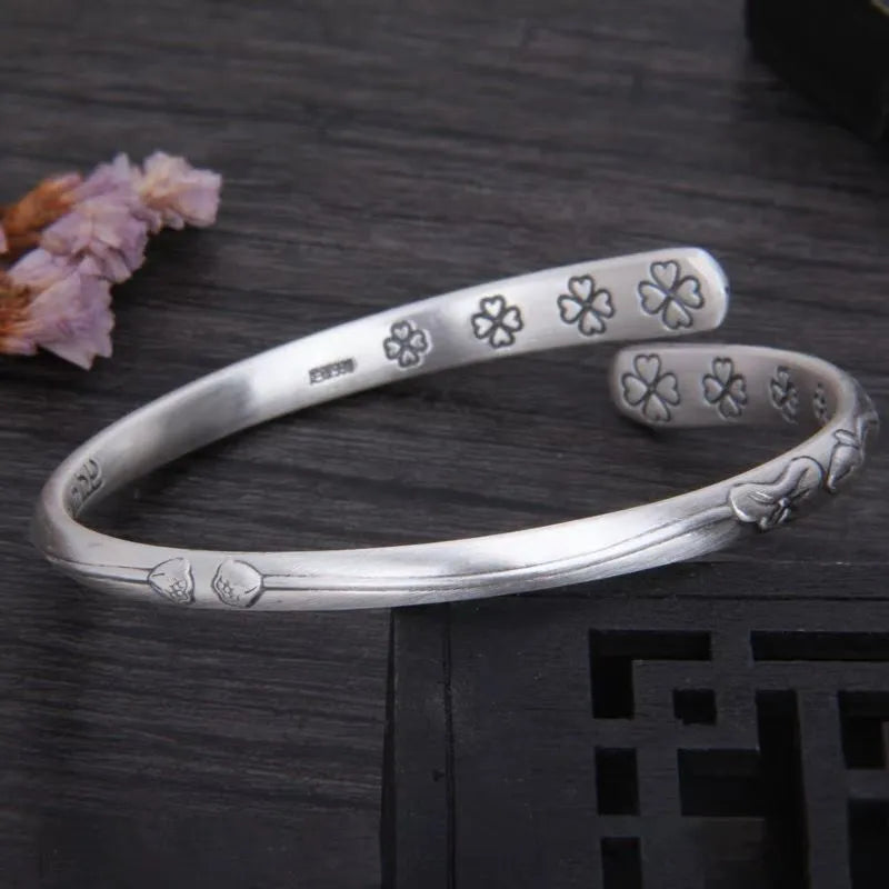 XIYANIKE Vintage Thai Silver Lotus Flower Cuff Bracelet For Women Girl