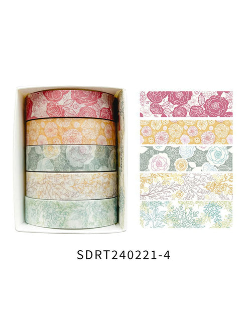 5 rolls of boxed romantic flower handbook tape, cute DIY fresh
